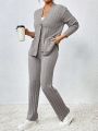 SHEIN Essnce 2pcs/set Ribbed Solid Knitted Sweater Cardigan Set