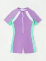 Girls' Sporty Color Block Short Sleeve One Piece Swimsuit