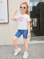 SHEIN Kids EVRYDAY Little Girls' Knitted Denim-like Casual Shorts With Stretchy Fabric