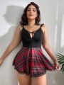 Classic Sexy 3pcs/set Ladies' Plaid Hollow Out Lingerie Dress (no Steel Ring, T-string, Headwear)