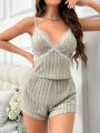 Lace Decor Ribbed Knit Cami Top And Shorts Pajama Set