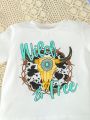 SHEIN Kids QTFun Young Girl 2pcs Letter & Cow Head Printed Short Sleeve T-Shirt With Tassel & Bell Bottom Pants