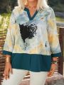 Plus Size Women'S Ink Printed Notched Collar Blouse