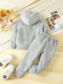 SHEIN Kids FANZEY Young Girl Embroidery Letter Pattern Zip Up Hoodie & Sweatpants