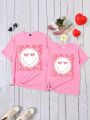 Girls' Casual Round-Neck Short-Sleeved T-Shirt With Letter, Heart & Face Print For Daily Wear