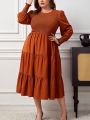 SHEIN Privé Plus Size Shirred Solid Color Puff Sleeve Dress