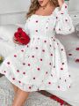 SHEIN Qutie Plus Size Heart Print Ruffle Sleeve Dress