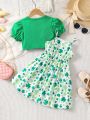 SHEIN Kids EVRYDAY 2pcs/Set Young Girl Bubble Sleeve Top And Bowknot Decorated Cami Dress