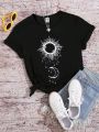 Girls' Casual Sun & Moon Printed Round Neck Short Sleeve T-shirt