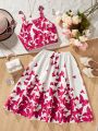 2pcs Teenage Girls' Butterfly Printed Cami Top And Skirt Set, Summer