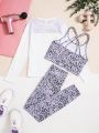 SHEIN Tween Girl Leopard Print Crisscross Back Sports Bra & Leggings & Tee