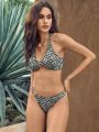 SHEIN Leisure Plaid Print Ring Linked Halter Bikini Swimsuit