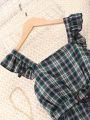 Girls' Round Neck Long Sleeve T-Shirt, College Style Plaid Jumpsuit & Hat Set, Autumn/Winter