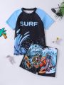 Teenage Boys' Contrasting Color Wave Letter Astronaut Print Swimsuit Suit