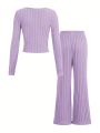 SHEIN Kids HYPEME Tween Girls' Fashionable Street Style Knitted V-Neck Long Sleeve T-Shirt And Bell-Bottoms Monochrome Set