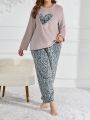 Plus Size Women'S Heart & Leopard Pattern Plush Long Sleeve Long Pants Home Suit