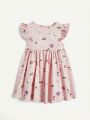 Cozy Cub Baby Girl Cartoon Little Rabbit Pattern Ruffled Round Neckline Empire Waist Dress Set