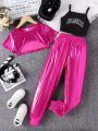 SHEIN Kids HYPEME Teenage Girls' Casual & Sports Streetwear Glossy Fabric Letter Patterned Tracksuit For Summer