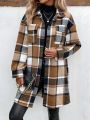 Women's Plaid Flap Pocket Long Sleeve Woolen Coat