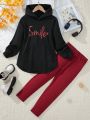SHEIN Kids EVRYDAY Big Girls' Casual Street Style Hooded Sweatshirt With Letter Print And Cycling Pants Set