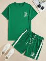 Manfinity Sporsity Men's Green Round Neck Printed Short Sleeve Top And Drawstring Shorts Knit Casual Two Piece Set