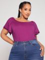 SHEIN CURVE+ Plus Size Women's Solid Color Ruffled Short Sleeve T-Shirt