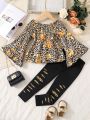 SHEIN Kids FANZEY Young Girl Leopard & Floral Print Flounce Sleeve Peplum Top & Leggings