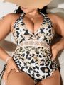 SHEIN Swim BAE Plus Size Full Print One-Piece Swimsuit With Drawstring And Side Hanging Neck Design
