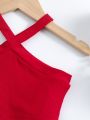 Young Girl Red And White Heart-shaped Casual Halter Top And Shorts Set For Summer