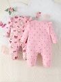 2pcs Baby Girls' Cartoon Bear Printed Long Sleeve Romper With Ruffle Trimmed Sleepwear