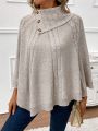 SHEIN LUNE Turtleneck Batwing Sleeve Button Detail Cable Knit Poncho