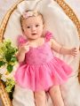 SHEIN Newborn Baby Girl Mesh & Lace Ruffle Square Collar Romper