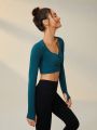 SHEIN Leisure Solid Ruched Front Crop Tee