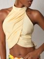 Juliano Michelli Solid Wrap Cross Backless Crop Halter Top