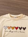 SHEIN Kids EVRYDAY Girls' Short Sleeve T-shirt With Heart Print And Slogan