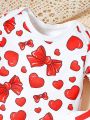 2pcs Baby Girls' Short Sleeve Bodysuit With Bow & Heart Pattern