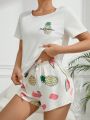 Women's Pineapple & Letter Print Short Sleeve Top And Shorts Pajama Set