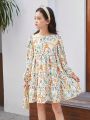 SHEIN Tween Girls' Fashionable Elegant Animal & Floral Print Dress