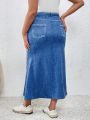 SHEIN Essnce Plus Size Denim Printed Belted A-line Skirt