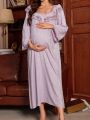 Maternity Butterfly Embroidery Mesh Gauze Ruffled Hem Decorated Bell Sleeve Jacquard Nightgown