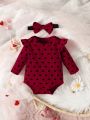 Baby Girl Heart Print Ruffle Trim Bodysuit & Headband