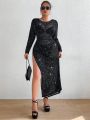 SHEIN ICON Women's Plus Size Black Round Neck Split Hem Maxi Dress