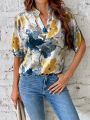 SHEIN LUNE Women's Floral Print Notched Collar Short Sleeve Blouse