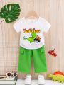 Infant Boys' Cartoon Letter Printed Short Sleeve Top And Solid Color Cargo Pants