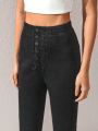 K by AKW High-Waisted Black Denim Jeans With Optional Houndstooth Cuff