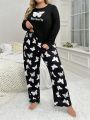 Women's Plus Size Butterfly & Letter Printed Long Sleeve Pajama Set