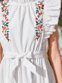 SHEIN Teen Girls Floral Embroidery Ruffle Trim Belted Dress
