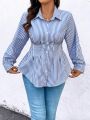 Plus Size Striped Shirt With Waist Tie And Buttons Closure