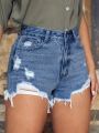 Ripped Raw Hem Denim Shorts