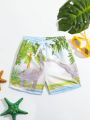 Boys' (Little Kid) Swimsuit Coconut Tree Print Beach Shorts With Drawstring Tie, Summer Beach Wear